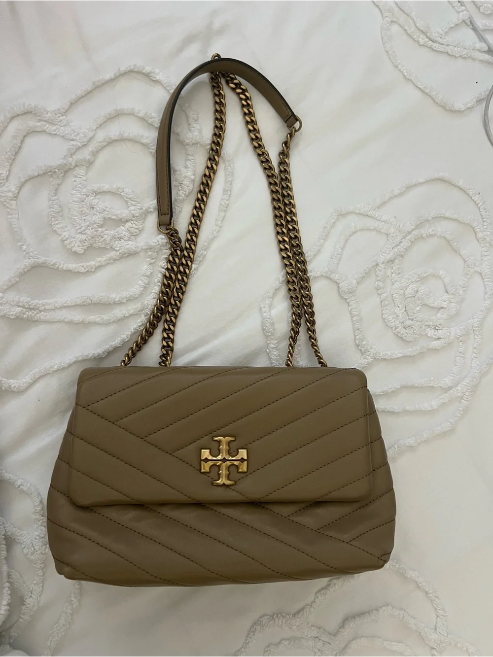 Tory Burch Taupe Quilted Chevron Chain Shoulder Bag with Gold Logo